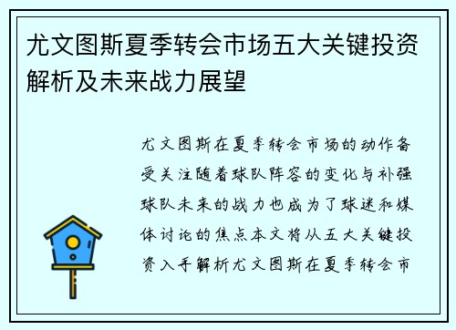 尤文图斯夏季转会市场五大关键投资解析及未来战力展望 尤文图斯夏季转会市场五大关键投资解析及未来战力展望